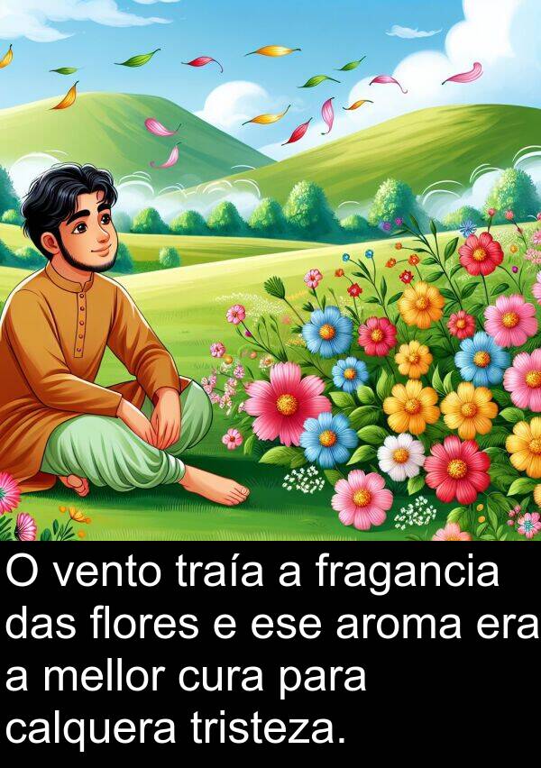 cura: O vento traía a fragancia das flores e ese aroma era a mellor cura para calquera tristeza.