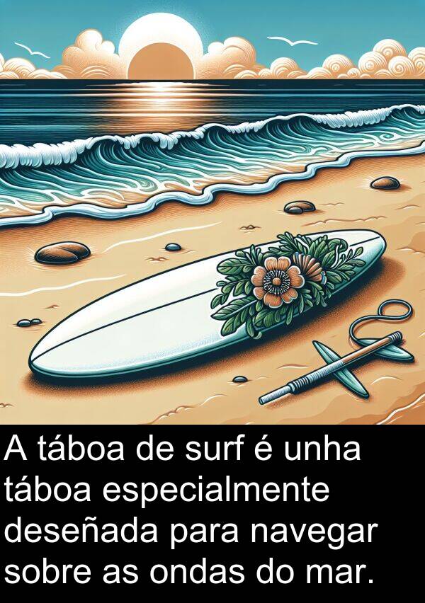 especialmente: A táboa de surf é unha táboa especialmente deseñada para navegar sobre as ondas do mar.
