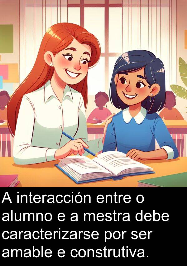 alumno: A interacción entre o alumno e a mestra debe caracterizarse por ser amable e construtiva.