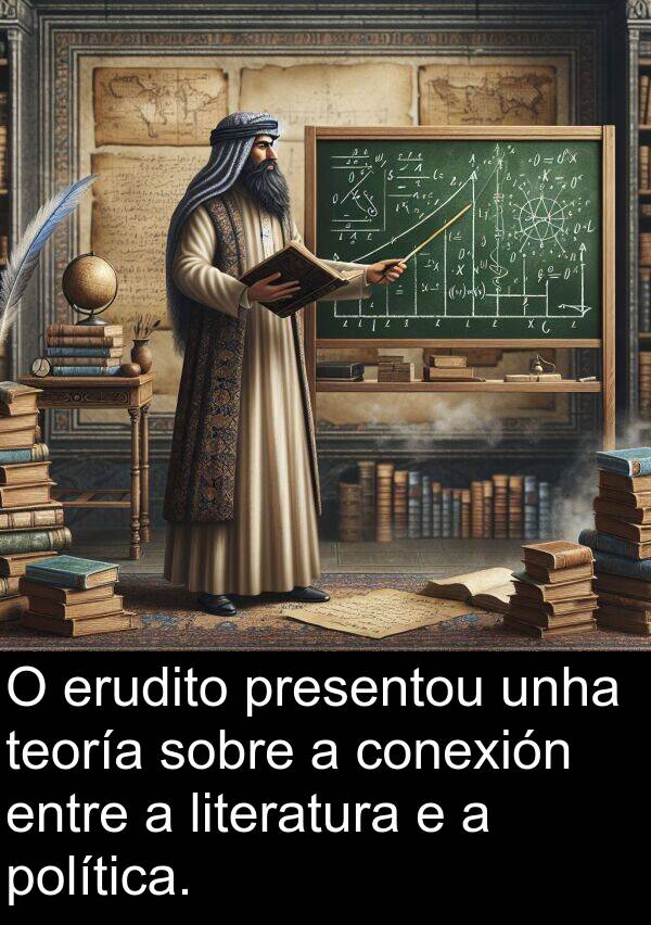 política: O erudito presentou unha teoría sobre a conexión entre a literatura e a política.