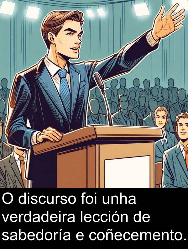 discurso: O discurso foi unha verdadeira lección de sabedoría e coñecemento.
