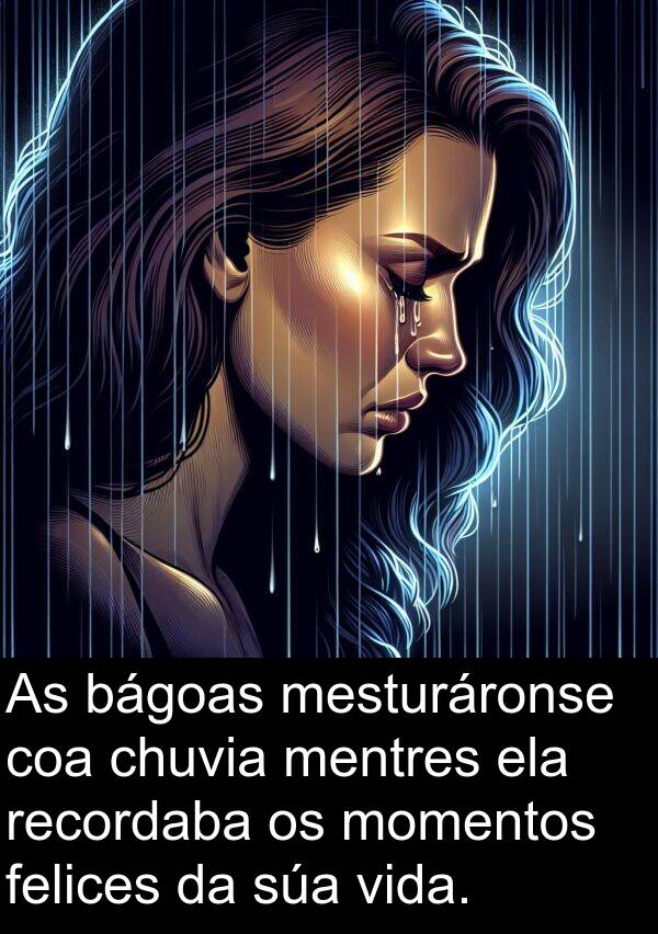 momentos: As bágoas mesturáronse coa chuvia mentres ela recordaba os momentos felices da súa vida.