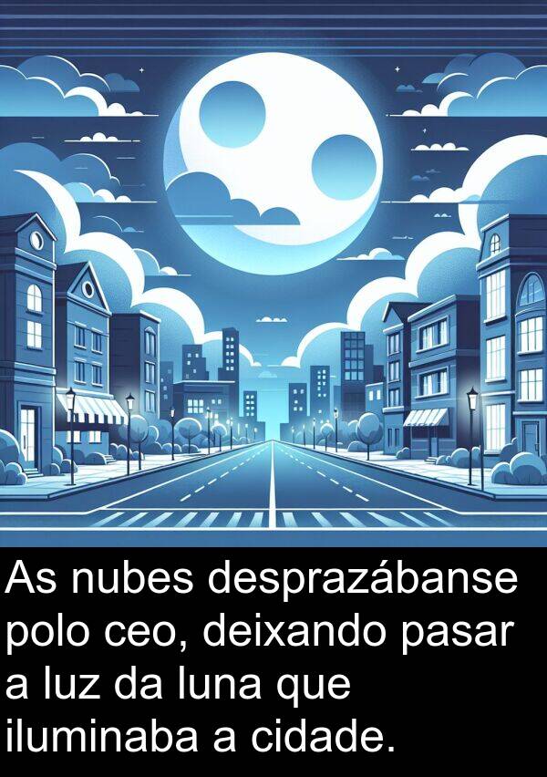 pasar: As nubes desprazábanse polo ceo, deixando pasar a luz da luna que iluminaba a cidade.