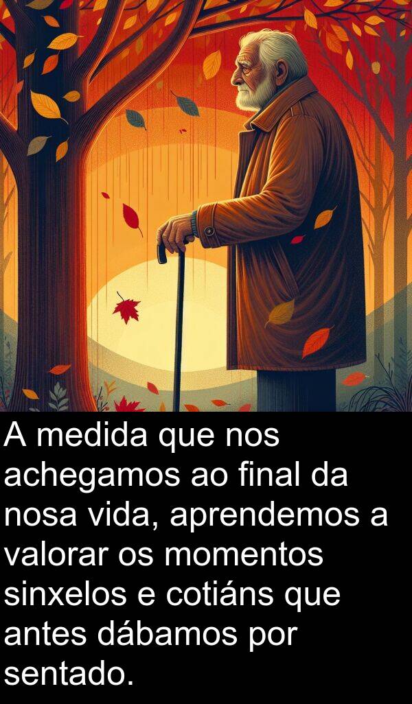 valorar: A medida que nos achegamos ao final da nosa vida, aprendemos a valorar os momentos sinxelos e cotiáns que antes dábamos por sentado.