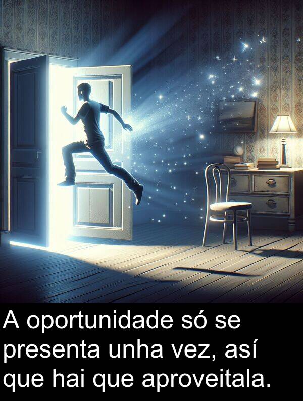 presenta: A oportunidade só se presenta unha vez, así que hai que aproveitala.