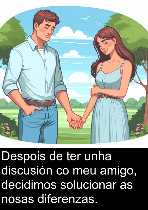 ter: Despois de ter unha discusión co meu amigo, decidimos solucionar as nosas diferenzas.