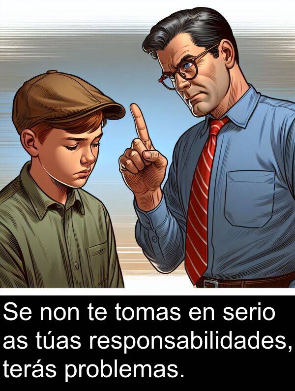 responsabilidades: Se non te tomas en serio as túas responsabilidades, terás problemas.
