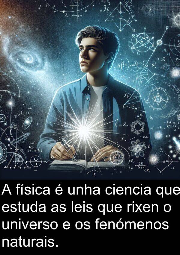 rixen: A física é unha ciencia que estuda as leis que rixen o universo e os fenómenos naturais.
