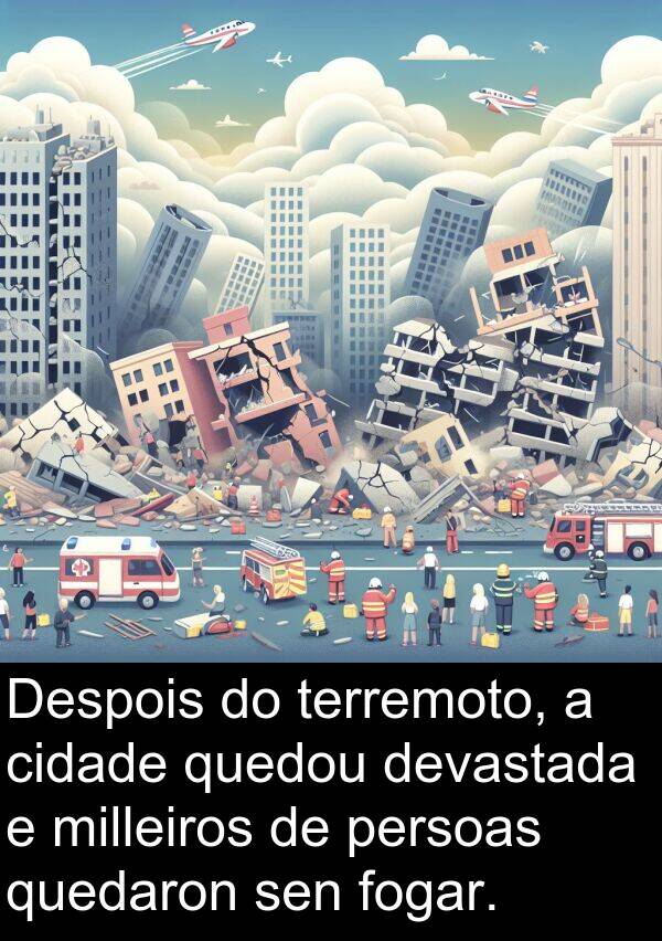 terremoto: Despois do terremoto, a cidade quedou devastada e milleiros de persoas quedaron sen fogar.