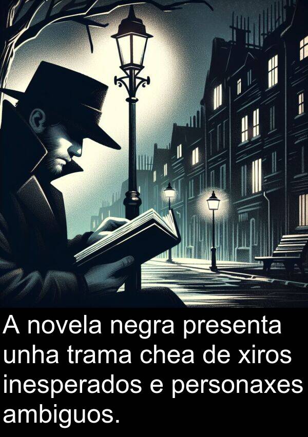 presenta: A novela negra presenta unha trama chea de xiros inesperados e personaxes ambiguos.