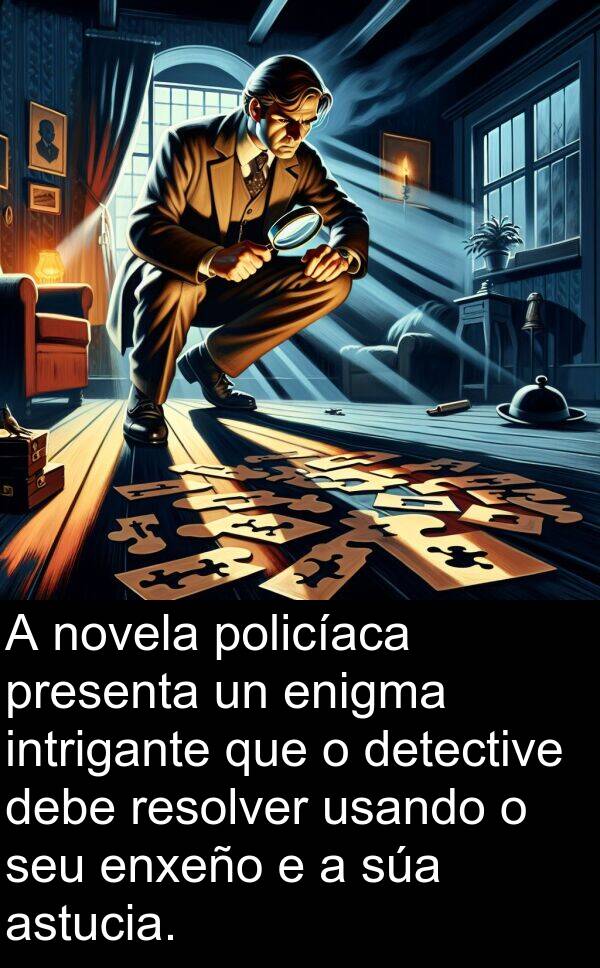 resolver: A novela policíaca presenta un enigma intrigante que o detective debe resolver usando o seu enxeño e a súa astucia.