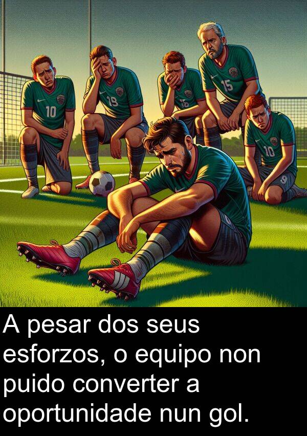 pesar: A pesar dos seus esforzos, o equipo non puido converter a oportunidade nun gol.