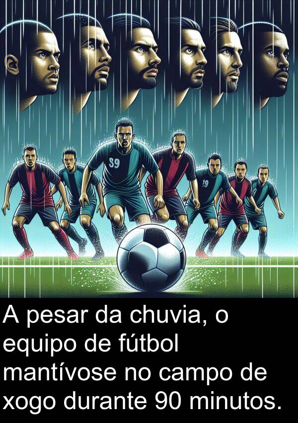 pesar: A pesar da chuvia, o equipo de fútbol mantívose no campo de xogo durante 90 minutos.