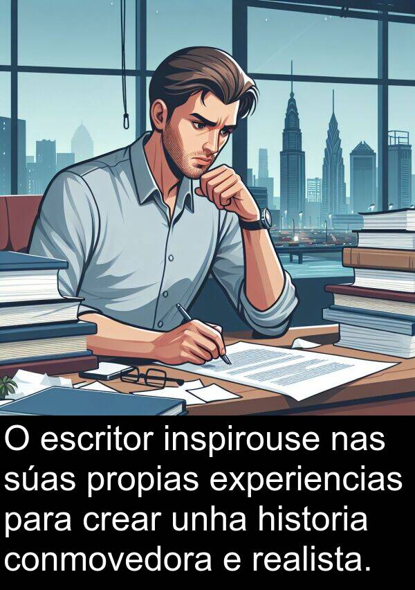 escritor: O escritor inspirouse nas súas propias experiencias para crear unha historia conmovedora e realista.