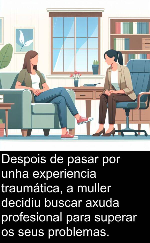 superar: Despois de pasar por unha experiencia traumática, a muller decidiu buscar axuda profesional para superar os seus problemas.