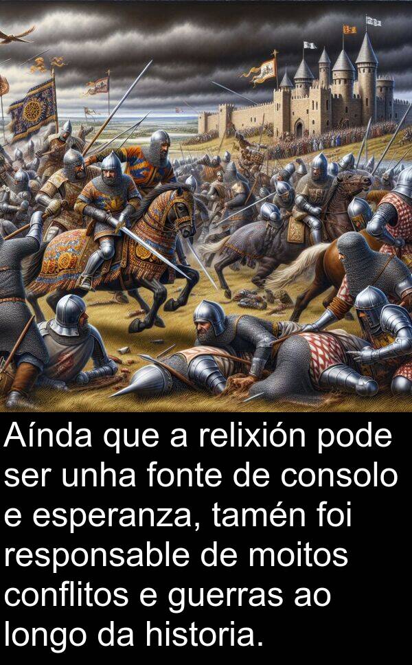 relixión: Aínda que a relixión pode ser unha fonte de consolo e esperanza, tamén foi responsable de moitos conflitos e guerras ao longo da historia.