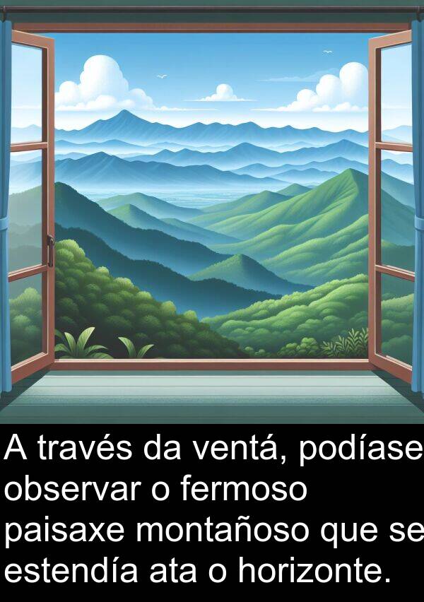 estendía: A través da ventá, podíase observar o fermoso paisaxe montañoso que se estendía ata o horizonte.
