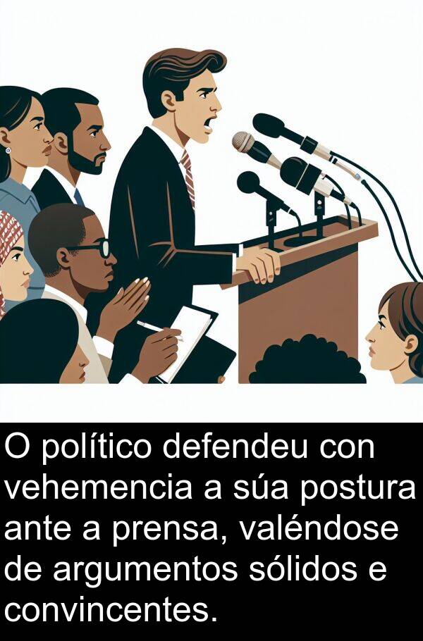 político: O político defendeu con vehemencia a súa postura ante a prensa, valéndose de argumentos sólidos e convincentes.