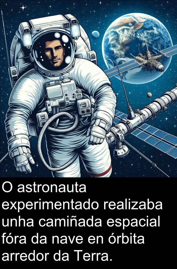arredor: O astronauta experimentado realizaba unha camiñada espacial fóra da nave en órbita arredor da Terra.