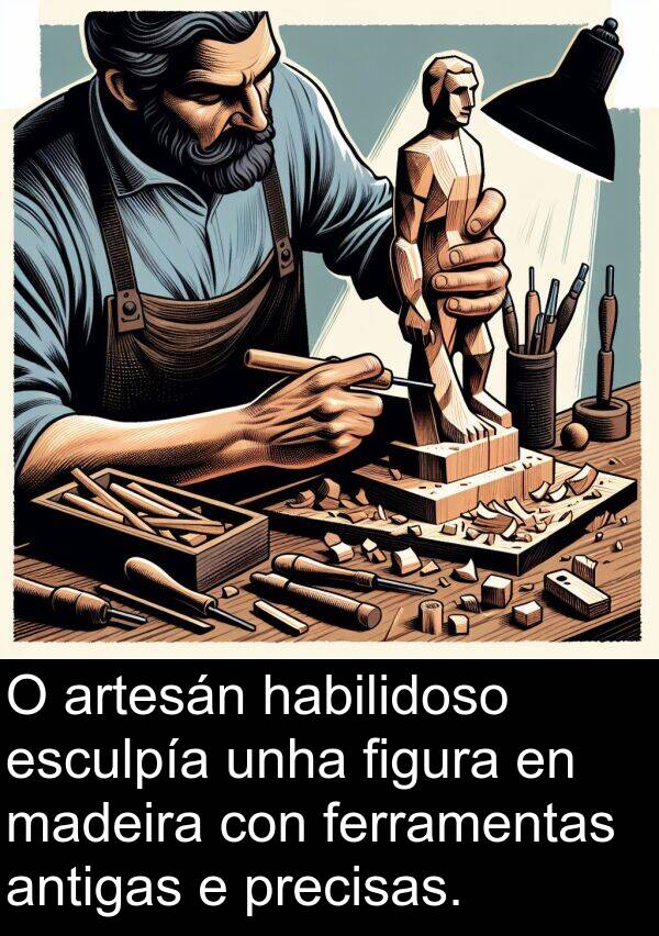 esculpía: O artesán habilidoso esculpía unha figura en madeira con ferramentas antigas e precisas.