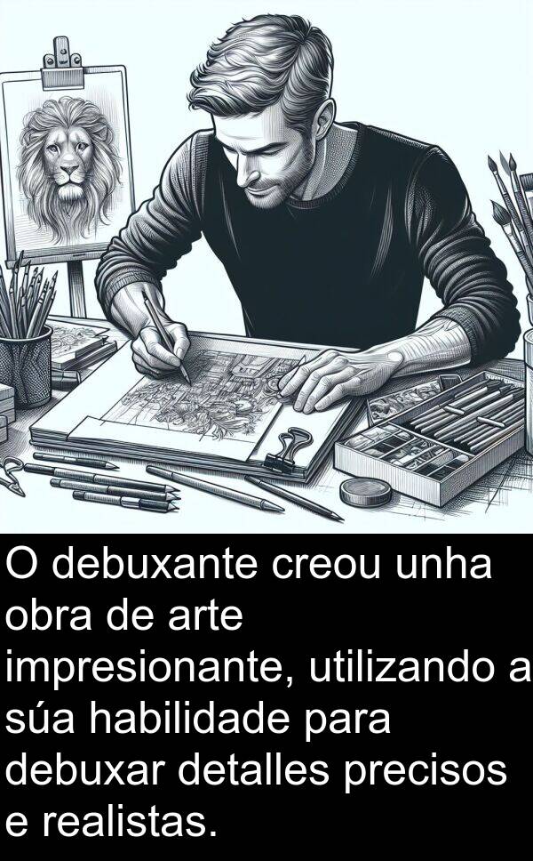 realistas: O debuxante creou unha obra de arte impresionante, utilizando a súa habilidade para debuxar detalles precisos e realistas.