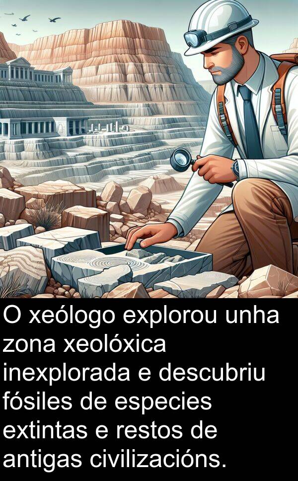 explorou: O xeólogo explorou unha zona xeolóxica inexplorada e descubriu fósiles de especies extintas e restos de antigas civilizacións.