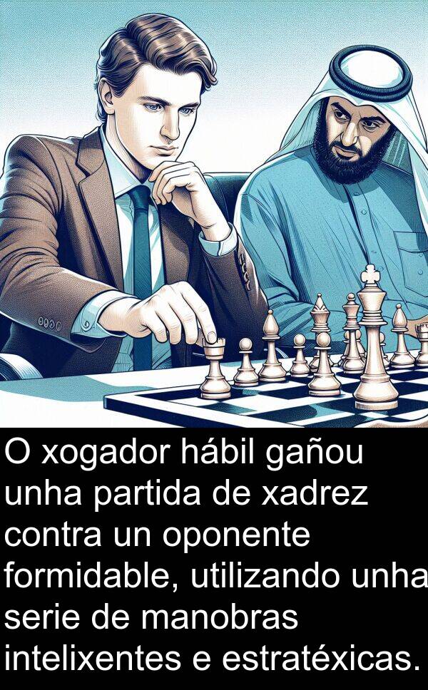serie: O xogador hábil gañou unha partida de xadrez contra un oponente formidable, utilizando unha serie de manobras intelixentes e estratéxicas.