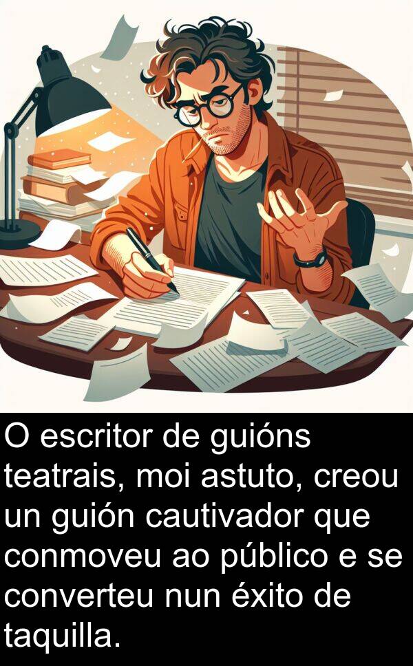 escritor: O escritor de guións teatrais, moi astuto, creou un guión cautivador que conmoveu ao público e se converteu nun éxito de taquilla.
