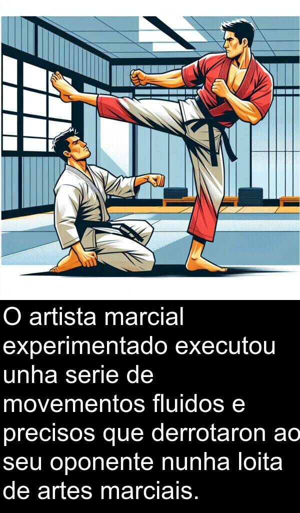serie: O artista marcial experimentado executou unha serie de movementos fluidos e precisos que derrotaron ao seu oponente nunha loita de artes marciais.