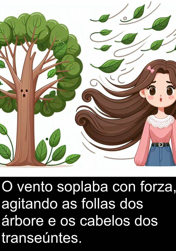 transeúntes: O vento soplaba con forza, agitando as follas dos árbore e os cabelos dos transeúntes.