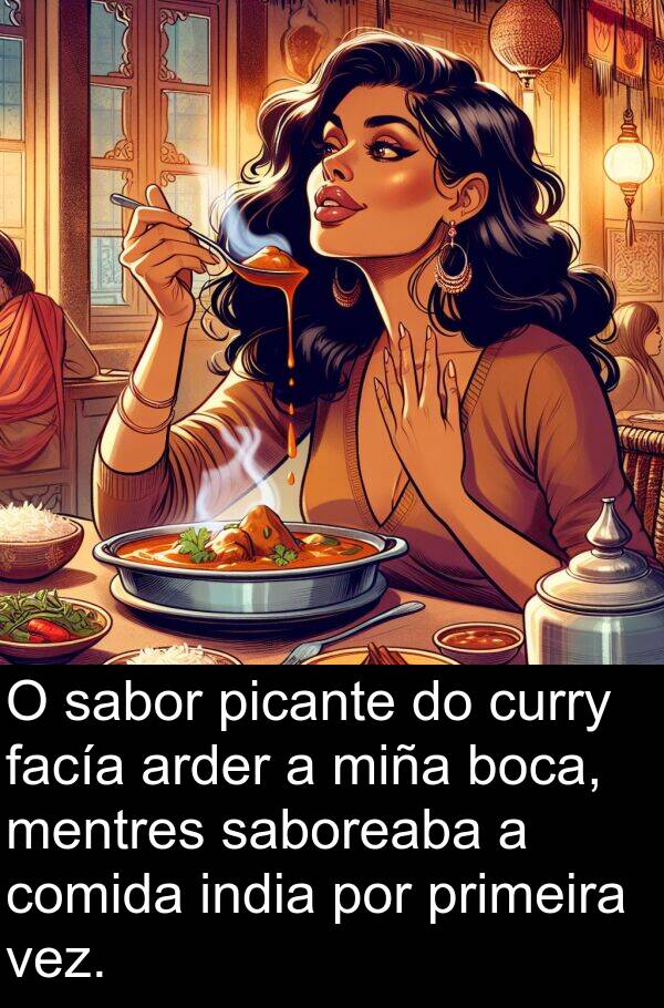 boca: O sabor picante do curry facía arder a miña boca, mentres saboreaba a comida india por primeira vez.