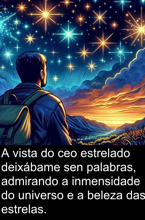 palabras: A vista do ceo estrelado deixábame sen palabras, admirando a inmensidade do universo e a beleza das estrelas.
