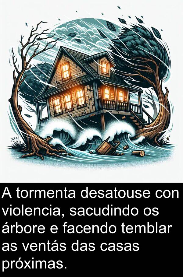 temblar: A tormenta desatouse con violencia, sacudindo os árbore e facendo temblar as ventás das casas próximas.