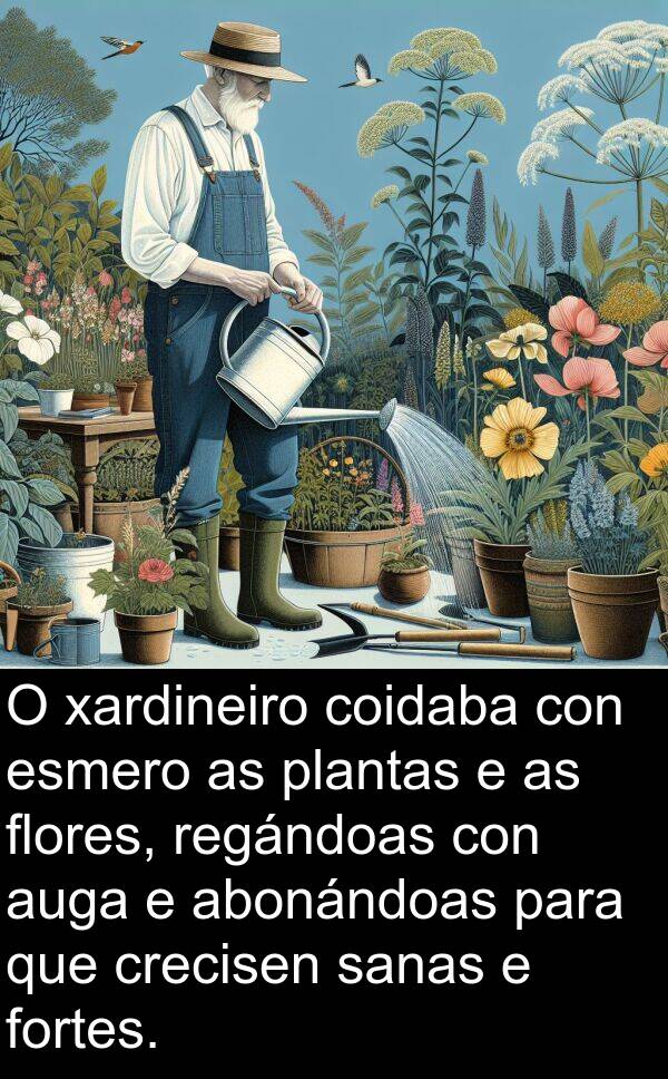 regándoas: O xardineiro coidaba con esmero as plantas e as flores, regándoas con auga e abonándoas para que crecisen sanas e fortes.