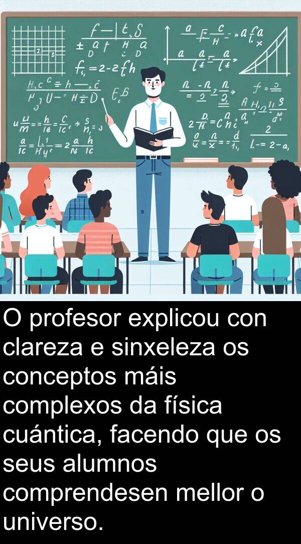 profesor: O profesor explicou con clareza e sinxeleza os conceptos máis complexos da física cuántica, facendo que os seus alumnos comprendesen mellor o universo.