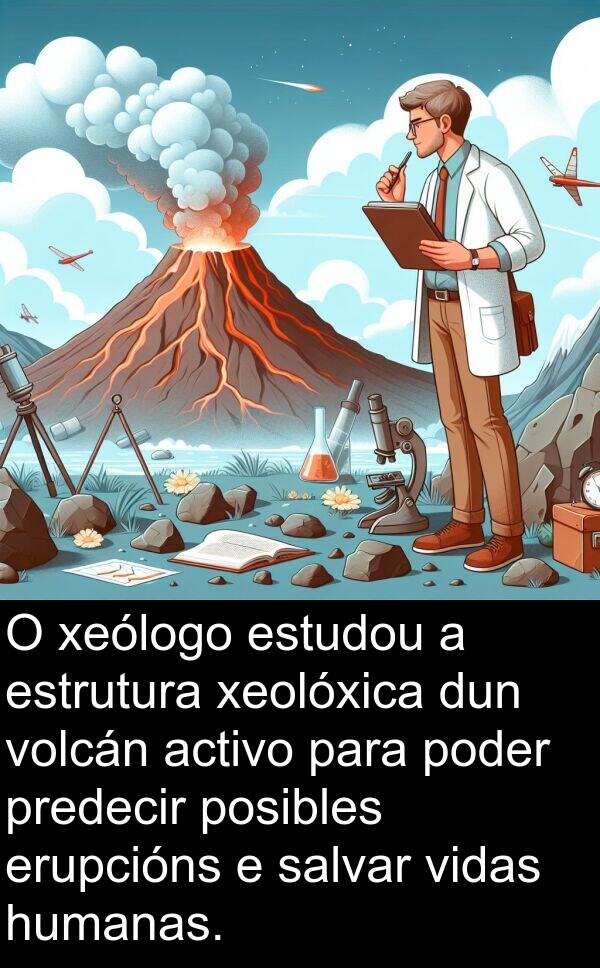 erupcións: O xeólogo estudou a estrutura xeolóxica dun volcán activo para poder predecir posibles erupcións e salvar vidas humanas.