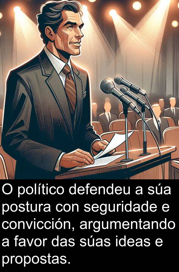 político: O político defendeu a súa postura con seguridade e convicción, argumentando a favor das súas ideas e propostas.