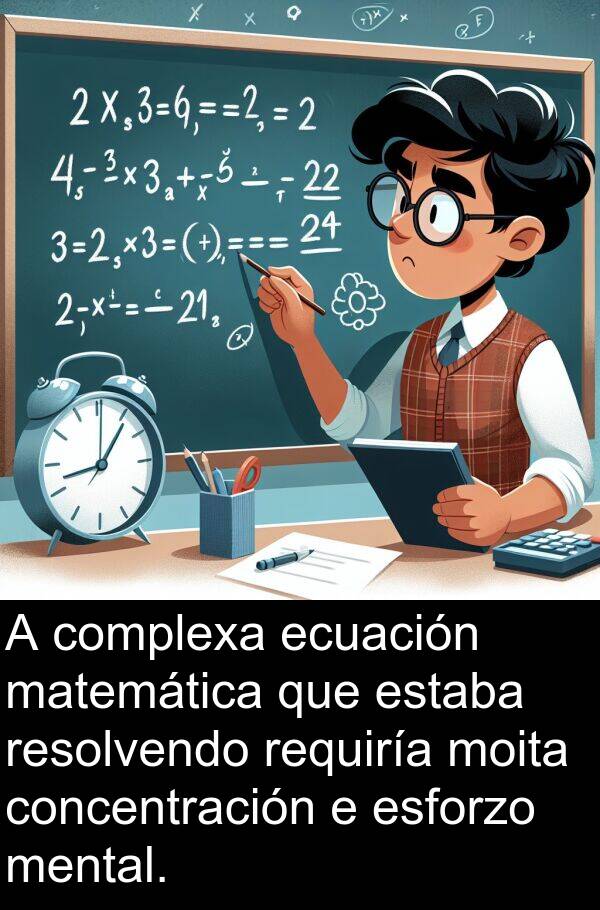 matemática: A complexa ecuación matemática que estaba resolvendo requiría moita concentración e esforzo mental.