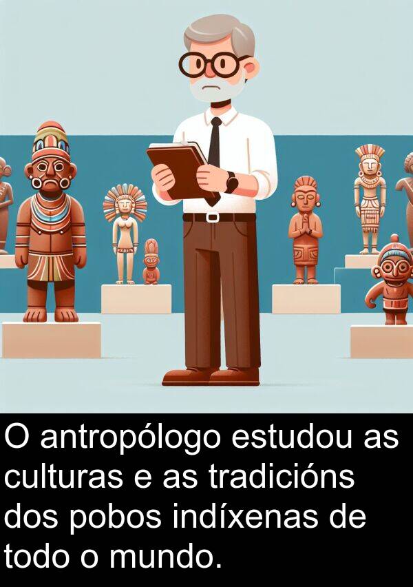 estudou: O antropólogo estudou as culturas e as tradicións dos pobos indíxenas de todo o mundo.
