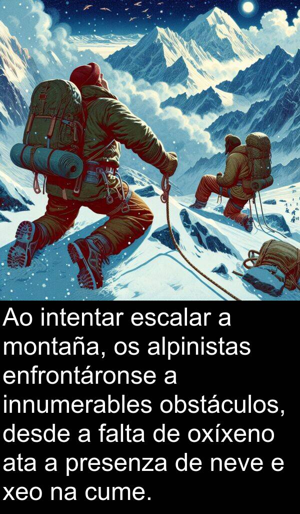 enfrontáronse: Ao intentar escalar a montaña, os alpinistas enfrontáronse a innumerables obstáculos, desde a falta de oxíxeno ata a presenza de neve e xeo na cume.