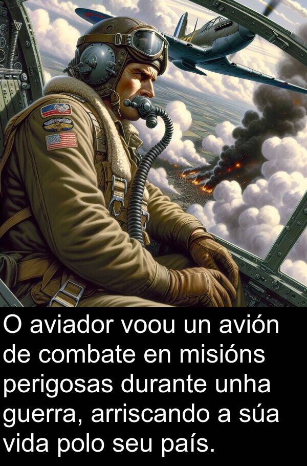 arriscando: O aviador voou un avión de combate en misións perigosas durante unha guerra, arriscando a súa vida polo seu país.