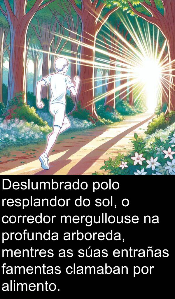 entrañas: Deslumbrado polo resplandor do sol, o corredor mergullouse na profunda arboreda, mentres as súas entrañas famentas clamaban por alimento.