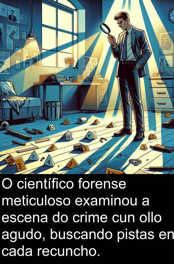 pistas: O científico forense meticuloso examinou a escena do crime cun ollo agudo, buscando pistas en cada recuncho.