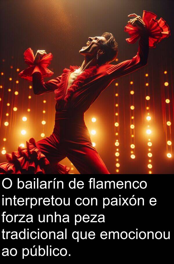 interpretou: O bailarín de flamenco interpretou con paixón e forza unha peza tradicional que emocionou ao público.