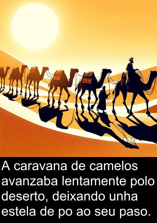 estela: A caravana de camelos avanzaba lentamente polo deserto, deixando unha estela de po ao seu paso.