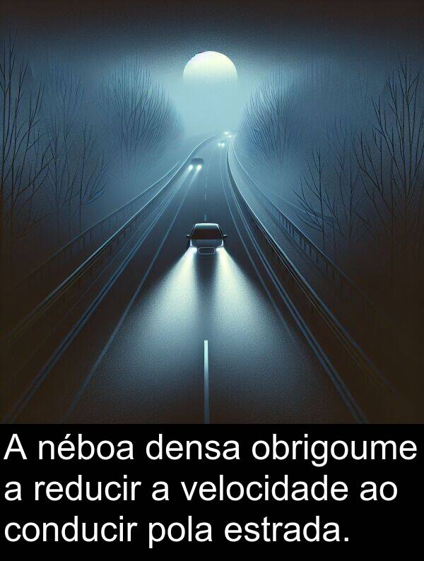 reducir: A néboa densa obrigoume a reducir a velocidade ao conducir pola estrada.