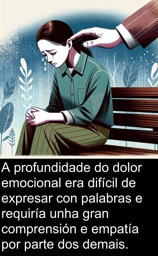 requiría: A profundidade do dolor emocional era difícil de expresar con palabras e requiría unha gran comprensión e empatía por parte dos demais.
