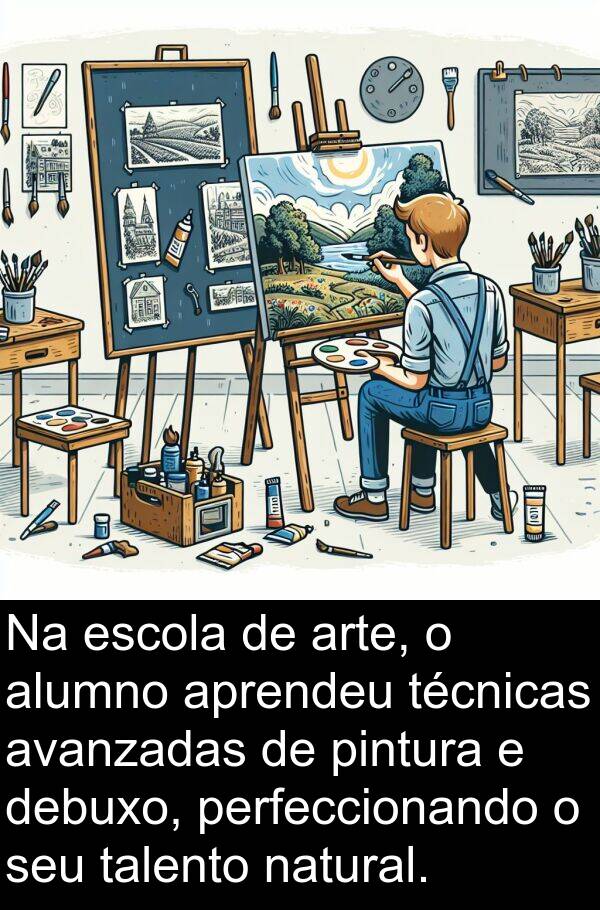 pintura: Na escola de arte, o alumno aprendeu técnicas avanzadas de pintura e debuxo, perfeccionando o seu talento natural.
