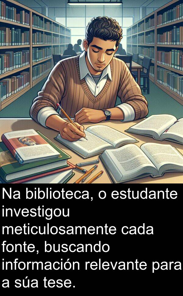 relevante: Na biblioteca, o estudante investigou meticulosamente cada fonte, buscando información relevante para a súa tese.