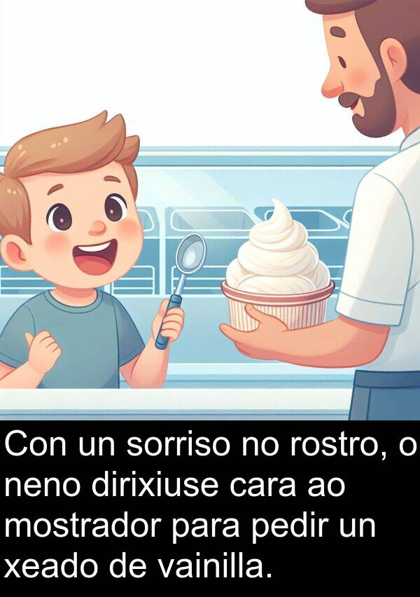 rostro: Con un sorriso no rostro, o neno dirixiuse cara ao mostrador para pedir un xeado de vainilla.